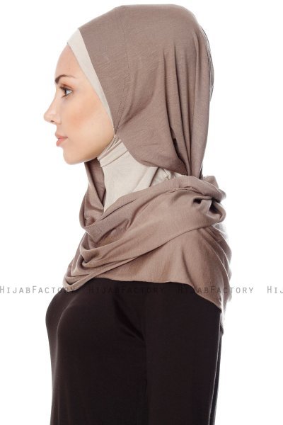 Naz - Hijab Pratique One-Piece Taupe Foncé & Taupe Clair - Ecardin