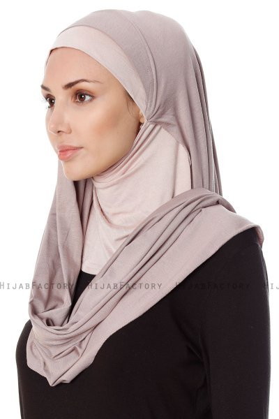 Naz - Hijab Pratique One-Piece Gris Pierre & Vieux Rose - Ecardin