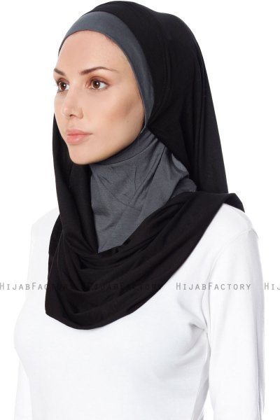 Naz - Hijab Pratique One-Piece Noir & Gris Foncé - Ecardin