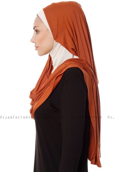 Naz - Hijab Pratique One-Piece Rouge Brique & Beige Clair - Ecardin