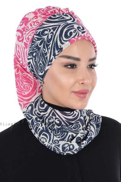 Regina - Turban Instant Chiffon Bleu Marin & Fuchsia