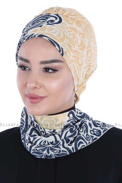 Regina - Turban Instant Chiffon Bleu Marin & Jaune
