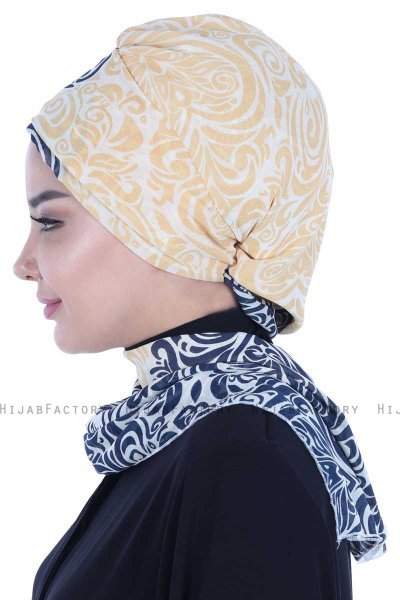 Regina - Turban Instant Chiffon Bleu Marin & Jaune
