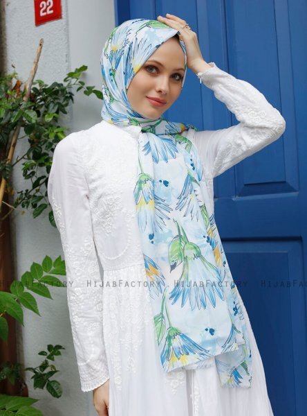 Yumna - Hijab Feuille à Motifs Bleu