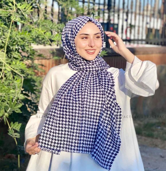 Soheila - Hijab En Coton à Motif Bleu Marin & Blanc