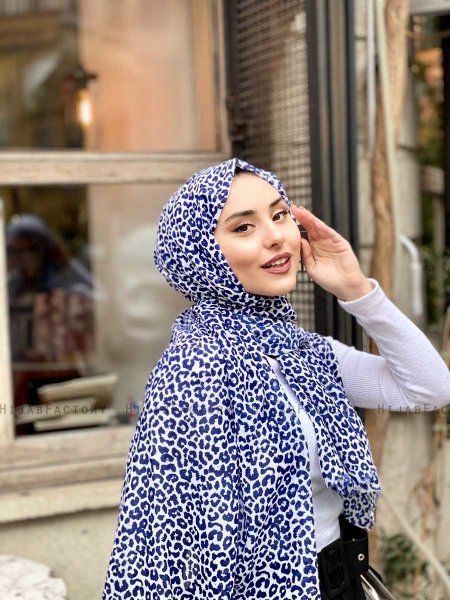 Suha - Hijab En Coton à Motif Léopard Bleu Marin & Blanc
