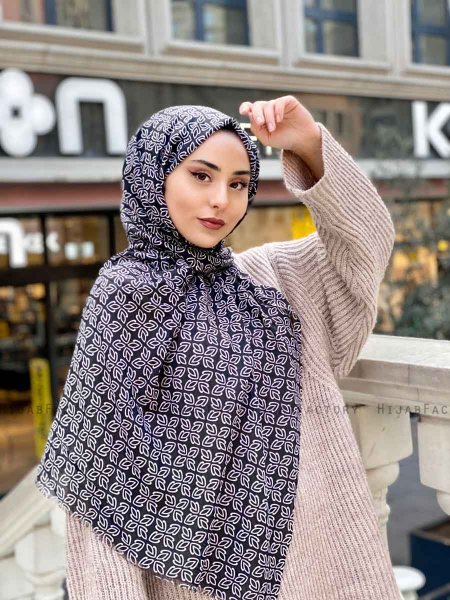 Wahida - Hijab A Motifs En Coton Noir - Mirach
