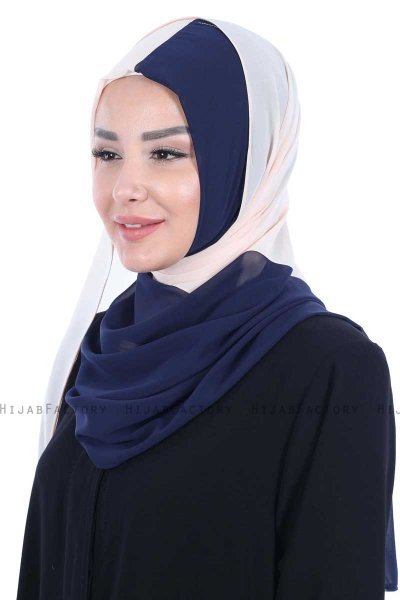Ylva - Hijab Chiffon Pratique Beige & Bleu Marin