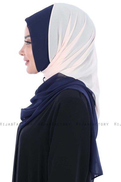 Ylva - Hijab Chiffon Pratique Beige & Bleu Marin